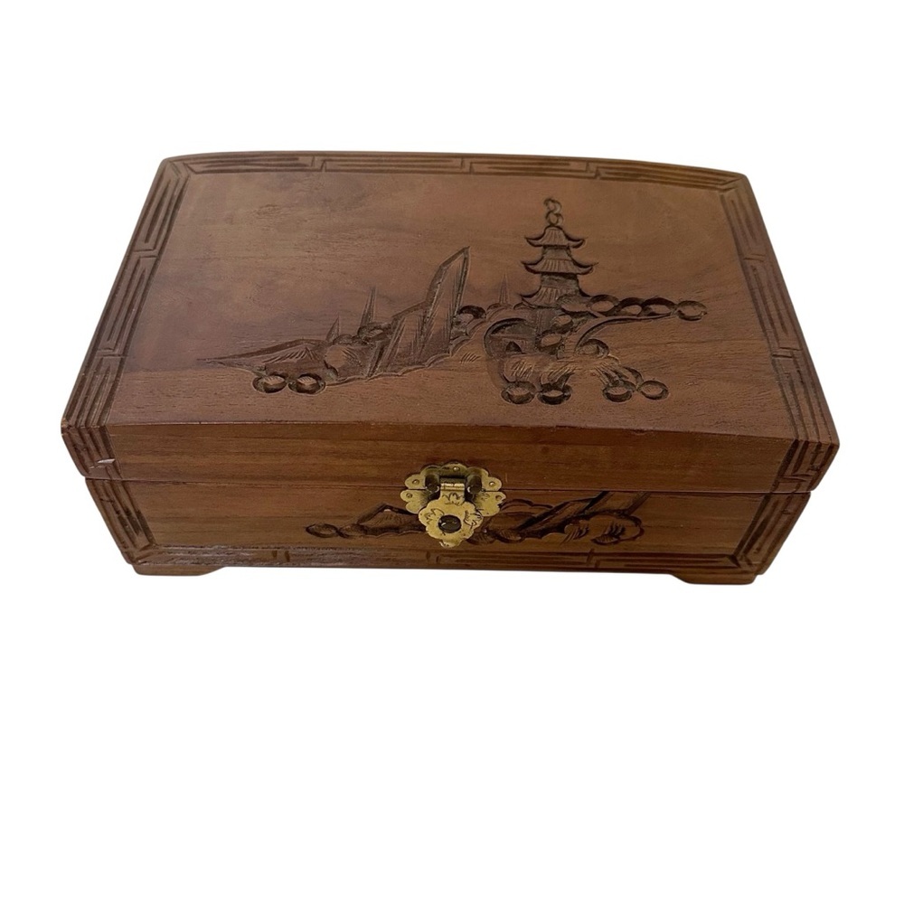 Wooden Carved Jewelry Box with Brass Latch Vintage